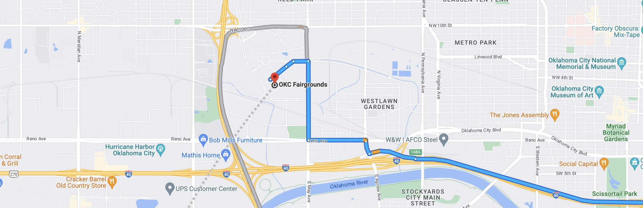map showing route to Expo location at OKC Fairgrounds